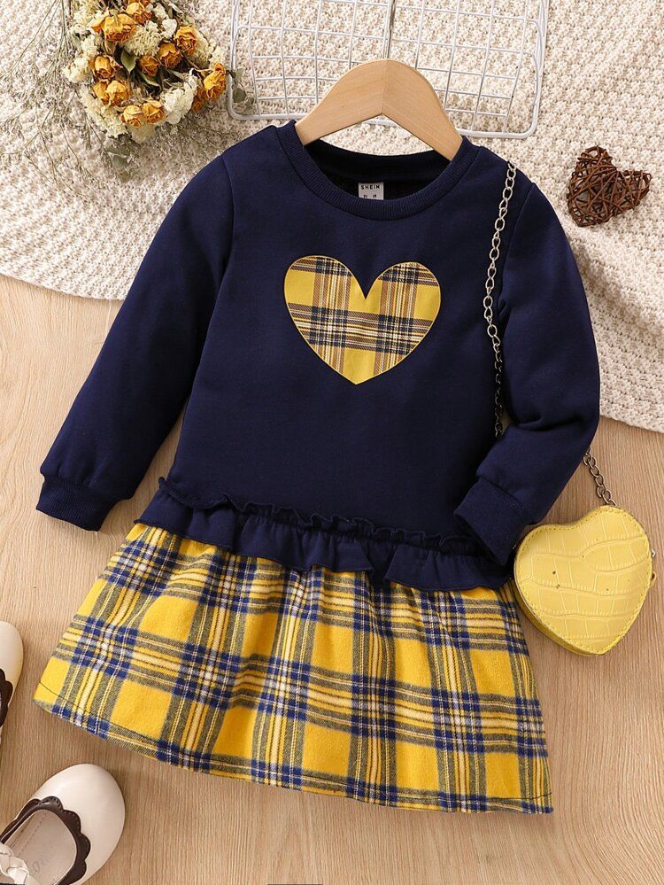 Toddler Girls 2 In 1 Plaid Heart Embroidery Ruffle Hem Sweatshirt Dress | SHEIN