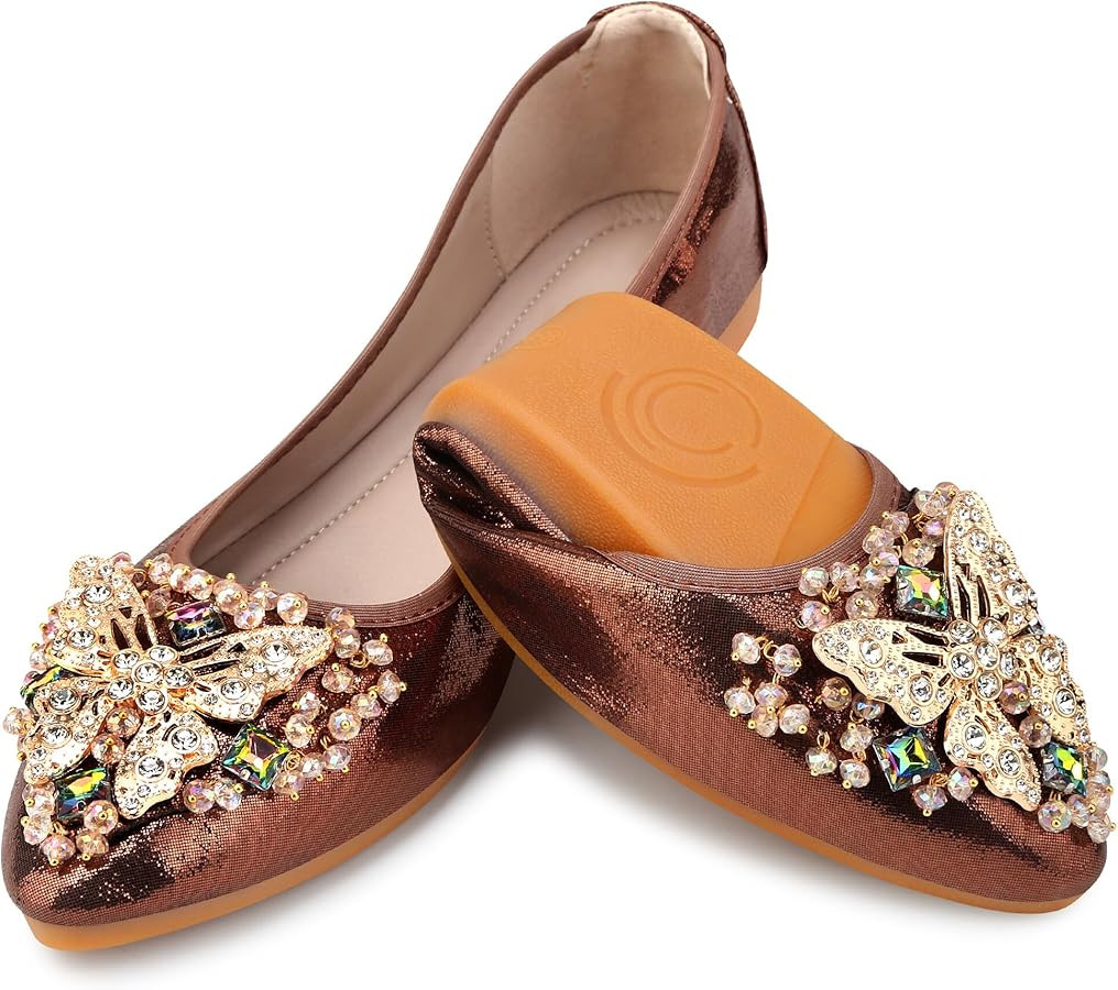 KUNWFNIX Women Ballet Flats Rhinestone Wedding Ballerina Shoes Foldable Sparkly Comfort Slip on F... | Amazon (US)