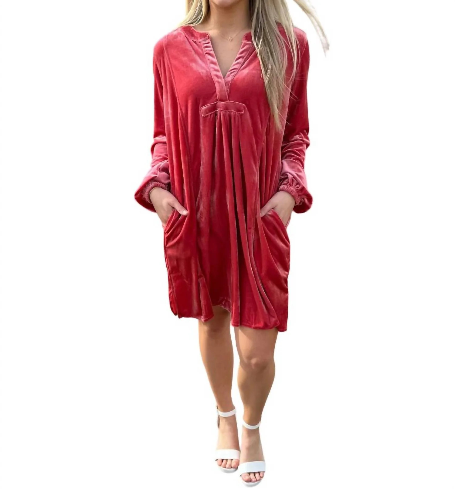 Long Sleeve Velvet Tunic Dress In Lipstick Coral | Shop Simon