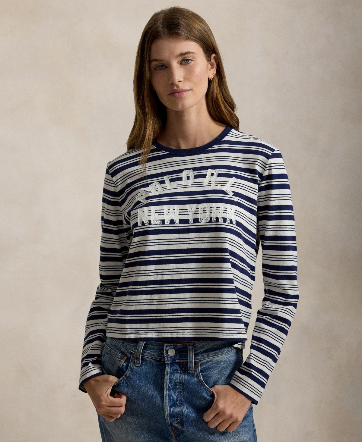 Polo Ralph Lauren Women's Striped Crewneck Long-Sleeve T-Shirt - Navy Multi | Macy's