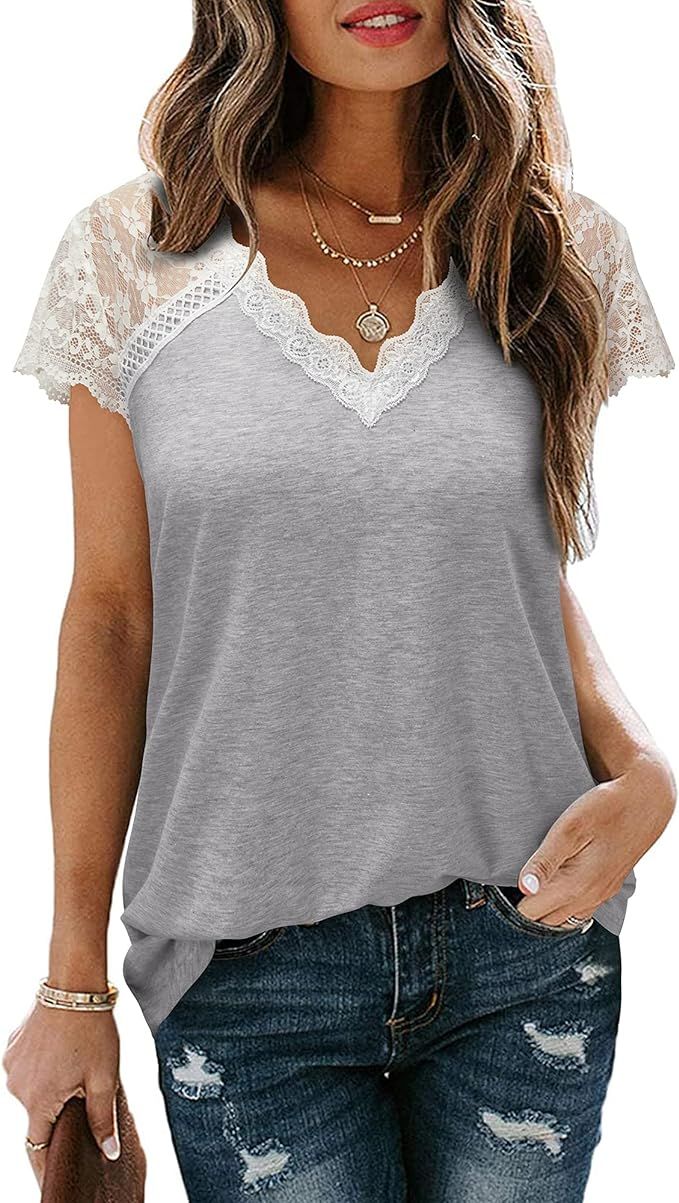 LAISHEN Women's V Neck Lace Trim Tank Tops Casual Loose Summer Sleeveless Blouse Shirts | Amazon (US)