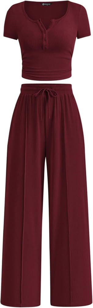 PRETTYGARDEN 2 Piece Outfit Ribbed Crop Top Wide Leg Pants Set | Amazon (US)