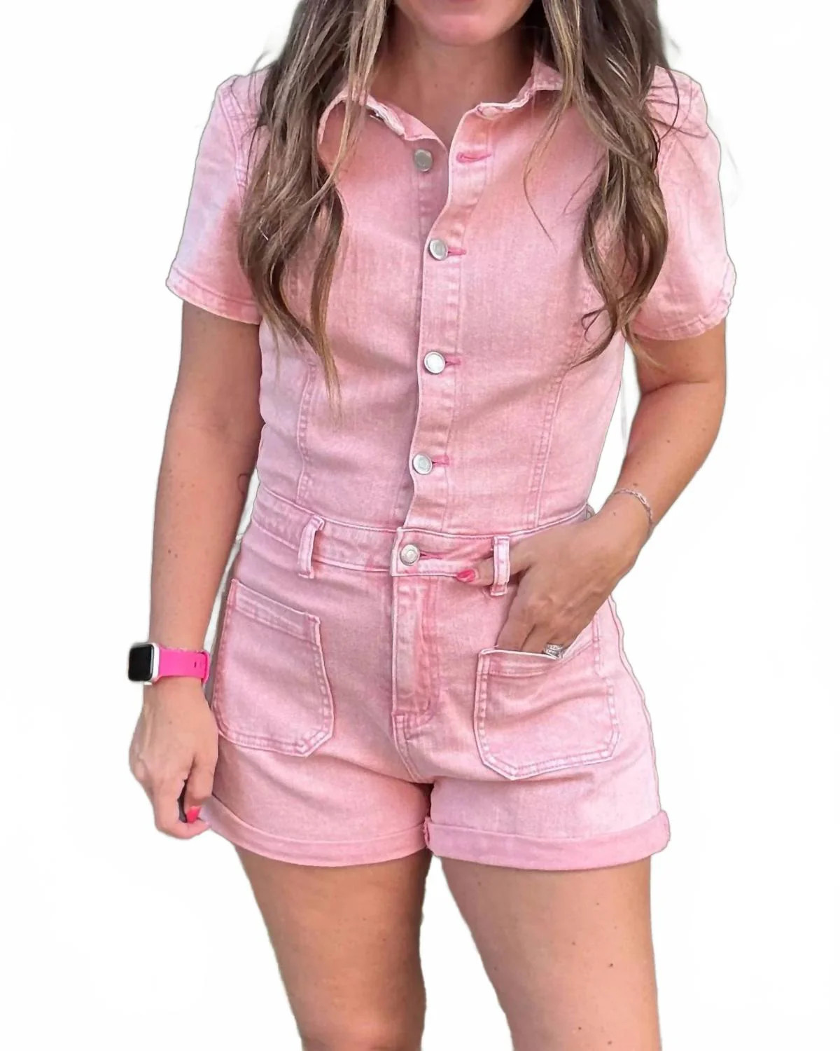 Pixie Denim Romper In Pink | Shop Simon
