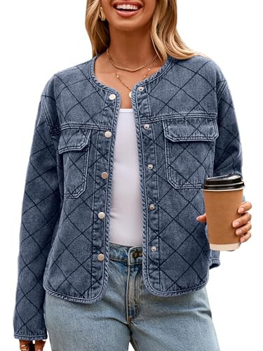 Glamaker Jean Jacket Women Denim - Long Sleeve Button Down Diamond Quilted Lightweight Jackets Fall Winter Shacket Coats,Grey Blue XL | Amazon (US)
