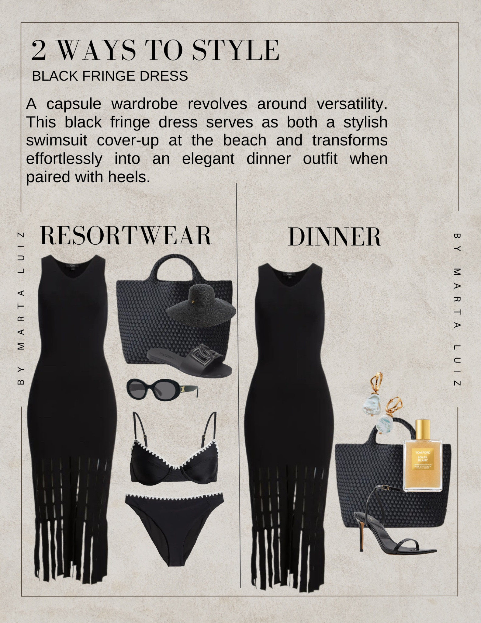From ResortWear to Dinner Outfit Idea 
2 ways to style black fringe dress.
- A capsule wardrobe revolves around versatility. This black fringe dress serves as both a stylish swimsuit cover-up at the beach and transforms effortlessly into an elegant dinner outfit when paired with heels.

#LTKstyletip #LTKtravel #LTKswim