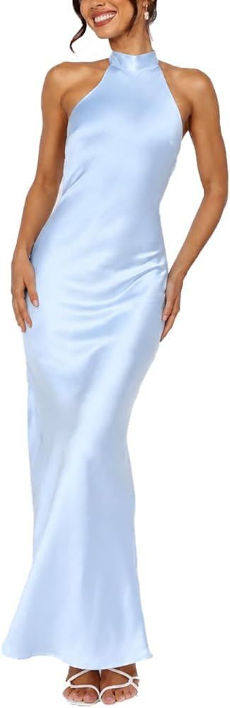Satin Halter High Neck Backless Maxi Dress for Women Elegant Silk Tie Low Back Formal Cocktail We... | Amazon (US)