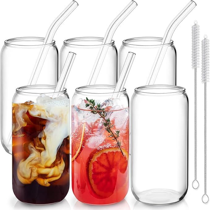 6 Pcs Drinking Glasses with Glass Straw - 16 Oz Can Shaped Glass Cups Beer Glasses Ice Coffee Gla... | Amazon (US)
