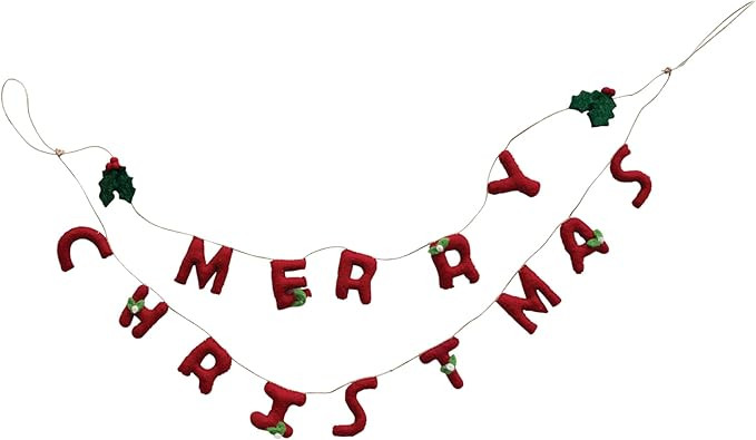 Creative Co-Op Handmade Wool Felt Garland with Holly Leaves and Berries Merry Christmas, Red and ... | Amazon (US)