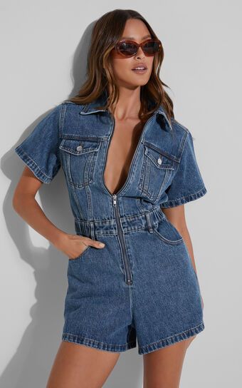 Mauriel Playsuit - Recycled Cotton Utility Playsuit in Dark Blue | Showpo (US, UK & Europe)