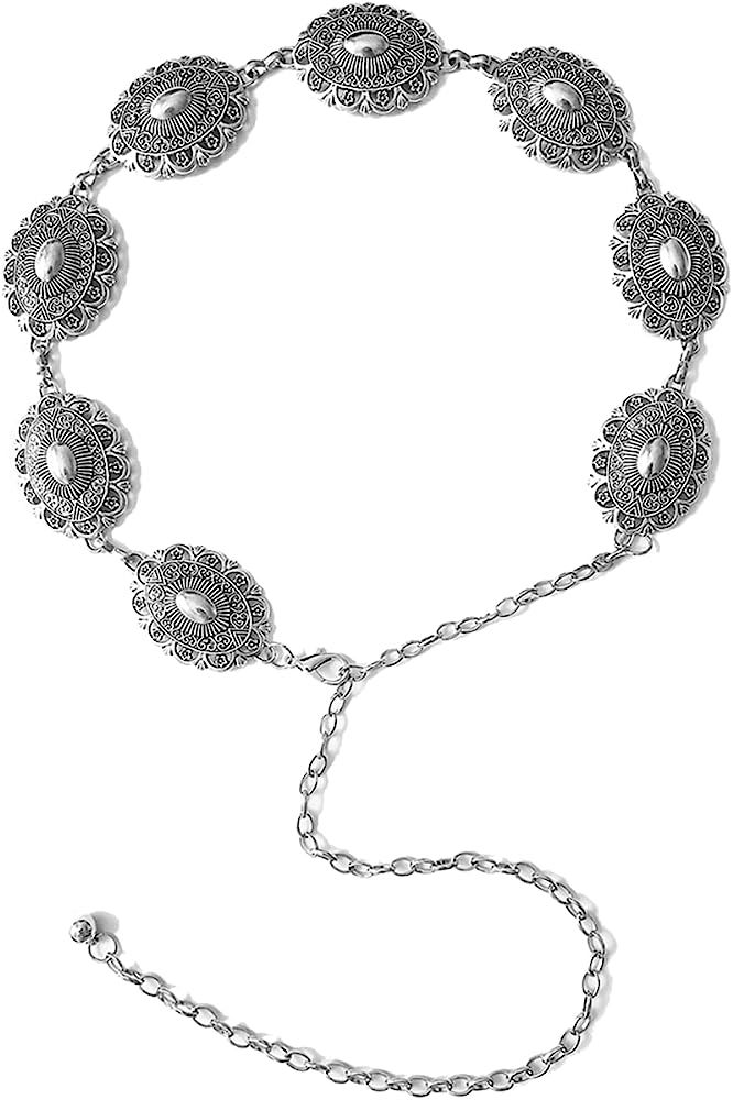 Women Western Oval Concho Chain Belt Adjustable Metal Waist Chain Belt for Jeans or Dresses | Amazon (US)