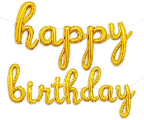 Gold Happy Birthday Balloons Banner | Script/Cursive Gold Letter Balloon Sign for Birthday Party ... | Amazon (US)