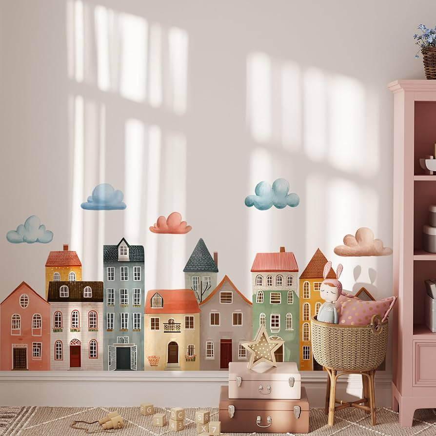 Colorful Town Wall Decal,Cute Watercolor House Art Decor,Peel and Stick Town White Cloud Wall Sti... | Amazon (US)