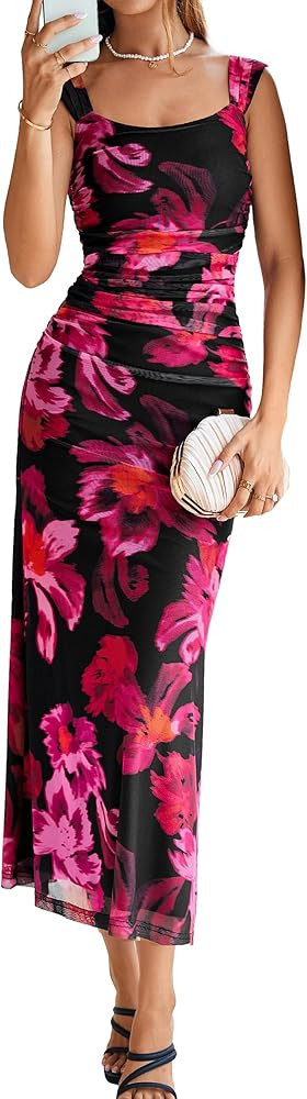 Simplee Womens Summer Wedding Guest Dress Floral Bodycon Mesh Tank Sleeveless Ruched Sexy Party S... | Amazon (US)