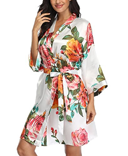 VOGMATE Floral Silk Robes for Women Short Satin Kimono Bride Bridesmaid Robes Bathrobe(White XL-3XL) | Amazon (US)
