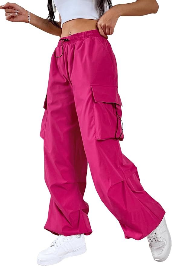 SweatyRocks Women's Drawstring Elastic Waist Loose Pants Casual Flap Pocket Cargo Pants Trousers | Amazon (US)