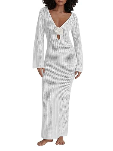 Leoparts Women's Knitted Swimsuit Cover Up 3D Floral Hollow Out Open Back Tie-Up Maxi Dress Beach... | Amazon (US)