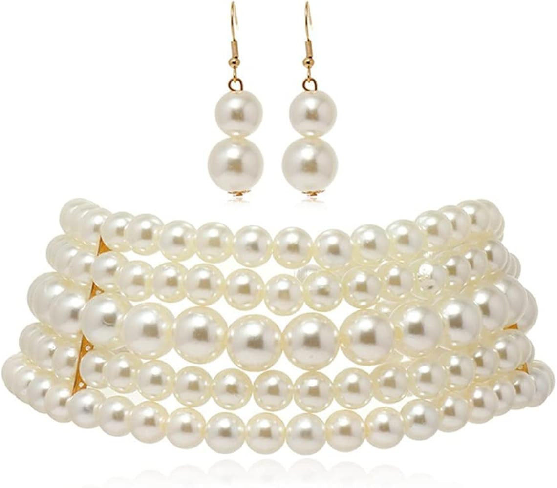 Wekicici Pearl Necklace Earrings Set Multi-Layer Pearl Choker Necklace Fashion Costume Accessorie... | Amazon (US)