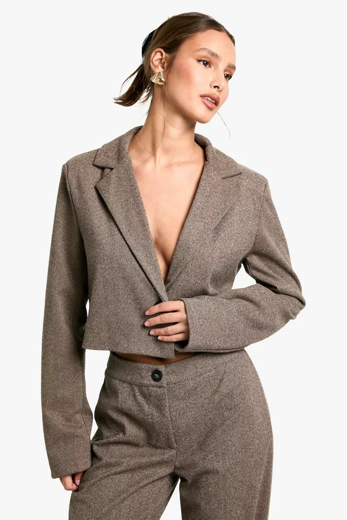 Herringbone Tailored Cropped Blazer | boohoo (US & Canada)