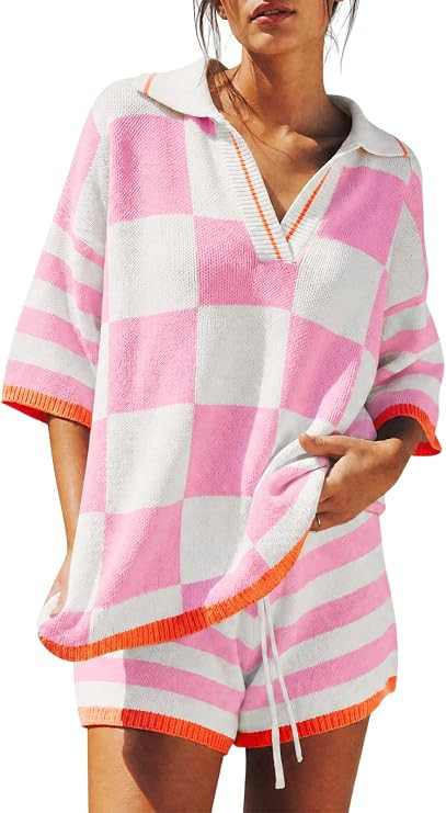 Aoysky Womens 2 Piece Outfits Sweater Sets Color Block Striped Half Sleeve V Neck Knit Tops Short... | Amazon (US)