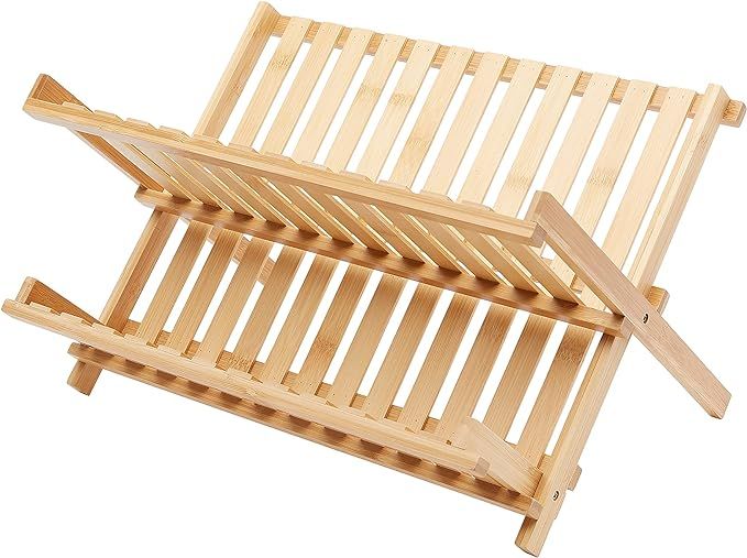 Amazon Basics Folding 2-Tier Wide-Slat Bamboo Dish Drying Rack - Collapsible, Natural | Amazon (US)