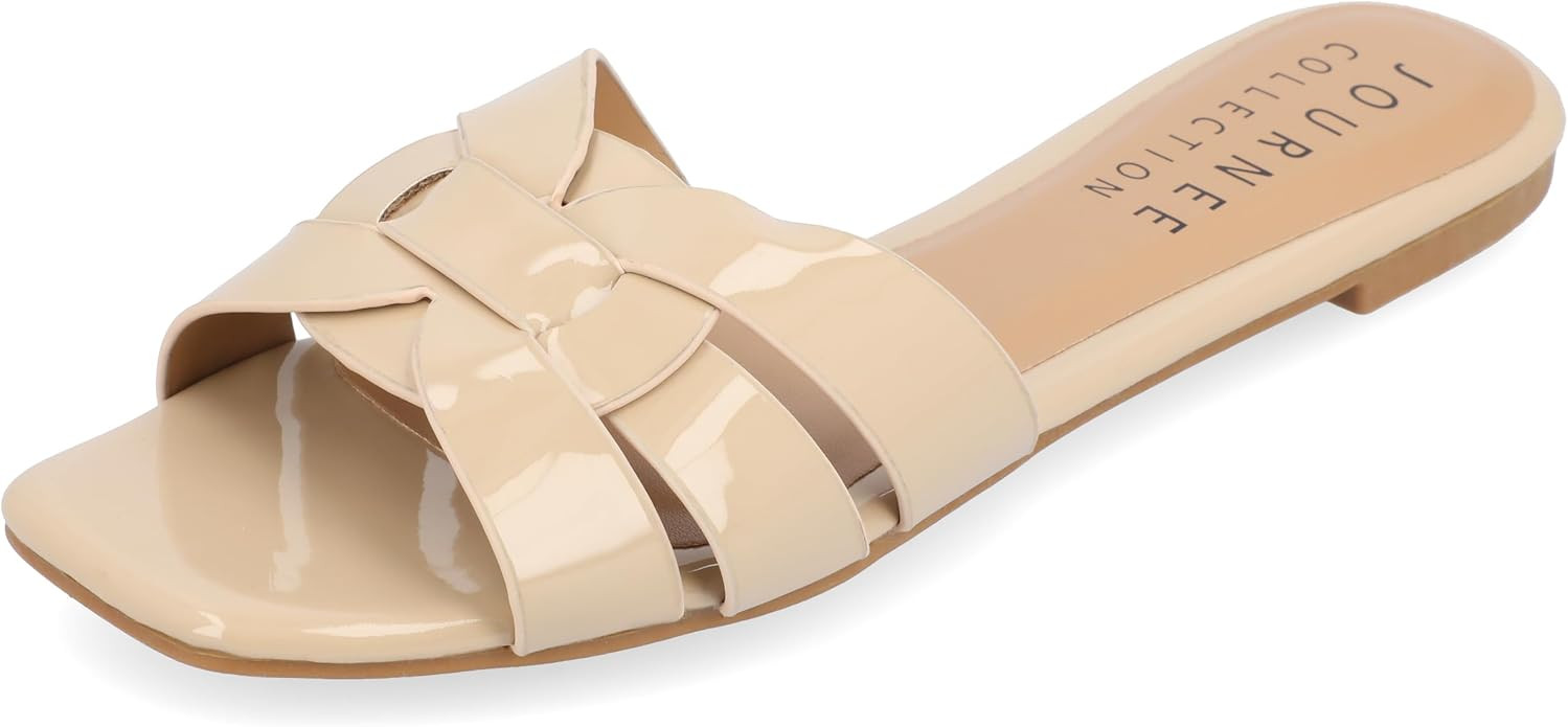 Journee Womens Flat Open Square Toe Fashion Banded Sandal Comfortable Dressy Slip On Arrina Slide | Amazon (US)