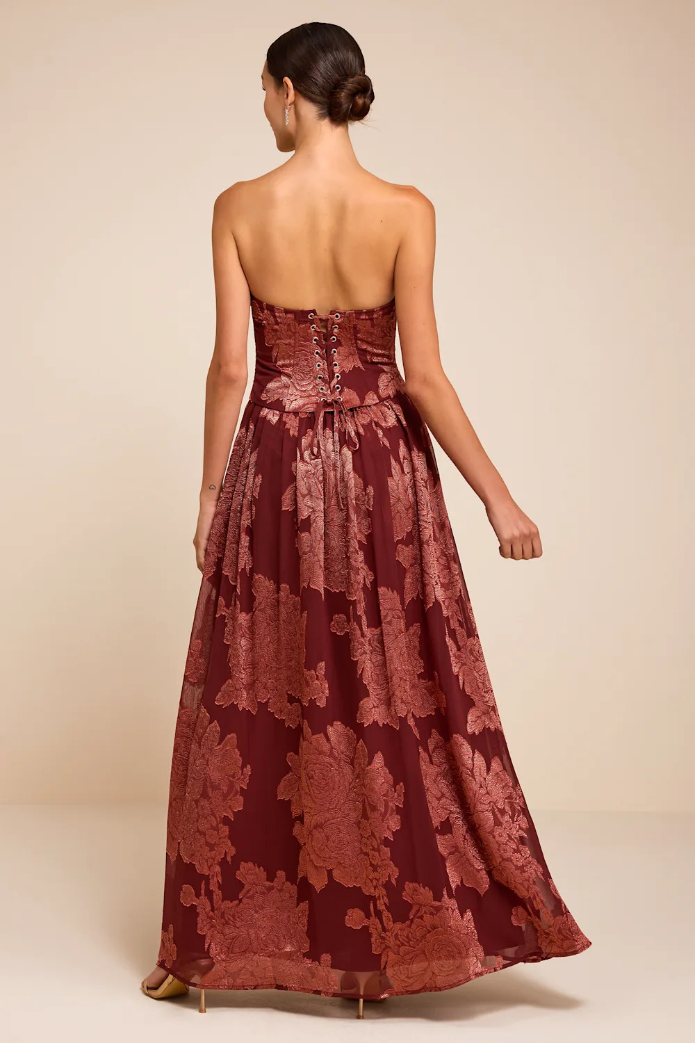 Alanis Rust Red Floral Burnout Lace-Up Maxi Dress | Lulus