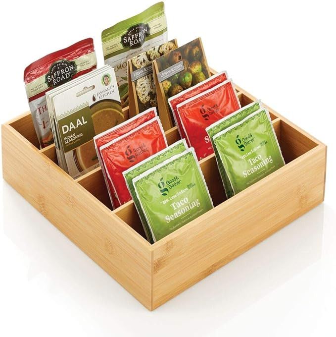 mDesign Wide Bamboo Wood Compact Food Storage Organizer Bin - 4 Divided Sections - Holder for Sea... | Amazon (US)