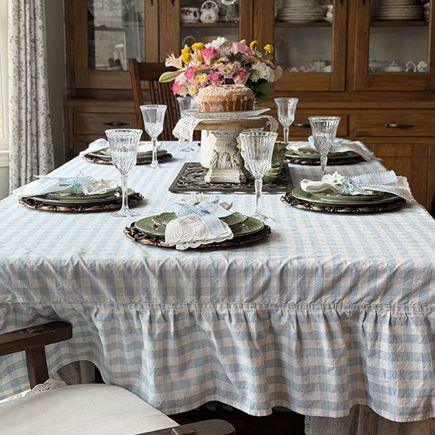 Blue Gingham Ruffled Tablecloth | Antique Farm House