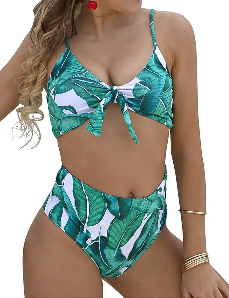 Womens High Waisted Bikini Set Tie Knot High Rise Two Piece Swimsuits Bathing Suits | Amazon (US)