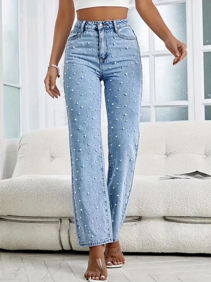 Blue Faux Pearl Studded Straight Jeans Loose Fit Slant - Temu | Temu Affiliate Program