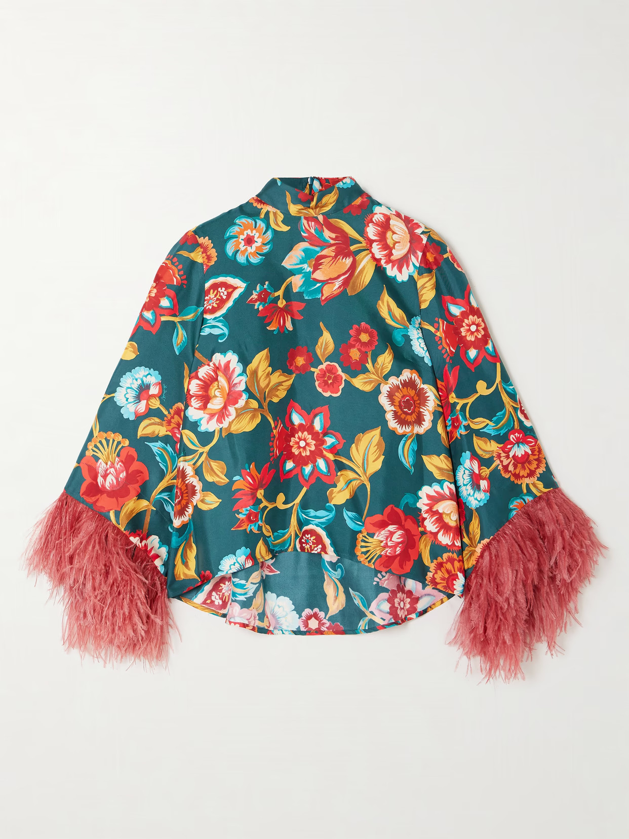 La DoubleJ - Make An Exit Feather-trimmed Floral-print Silk-twill Top - Multi | NET-A-PORTER (US)