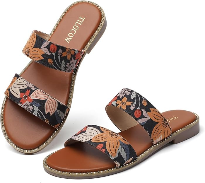 Tilocow Women's Flat Sandals with Rivets Inlaid Slip on Sandals Two Strap Casual Summer Slide Sho... | Amazon (US)