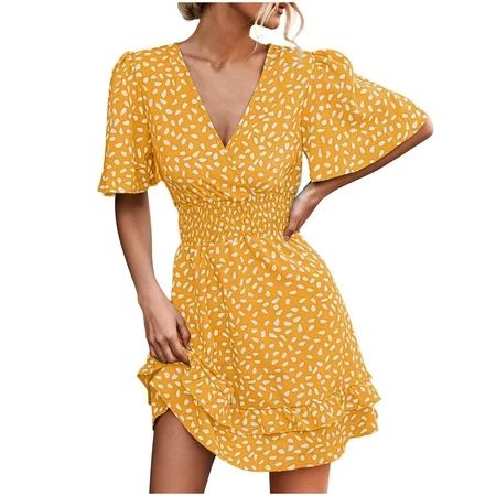 Short Bell Sleeve Boho Dresses for Women Summer Wrap V Neck Elastic Waist Double Layered Ruffle Casu | Walmart (US)