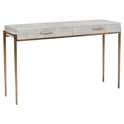Morand Modern Grey Faux Shagreen Antique Gold Metal Console Table | Kathy Kuo Home