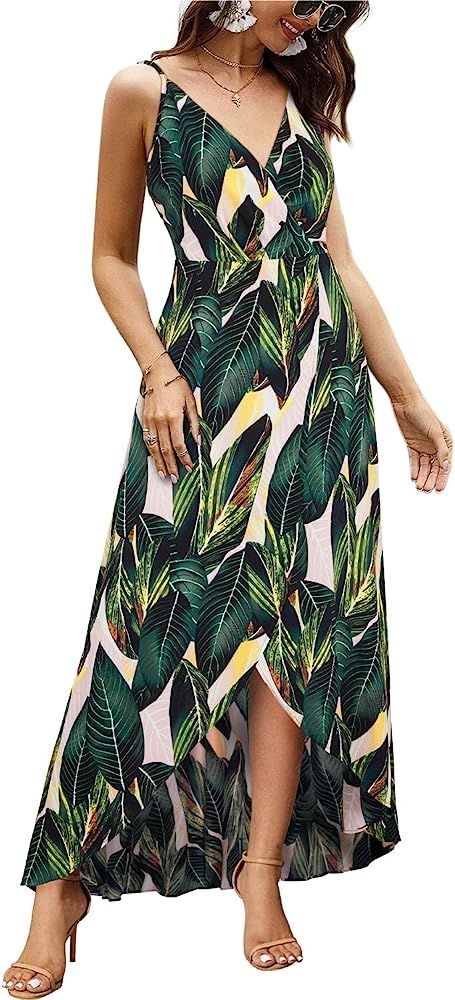VOTEPRETTY Womens Summer Casual V Neck Spaghetti Strap Flowy Party Floral Print Maxi Dresses | Amazon (US)