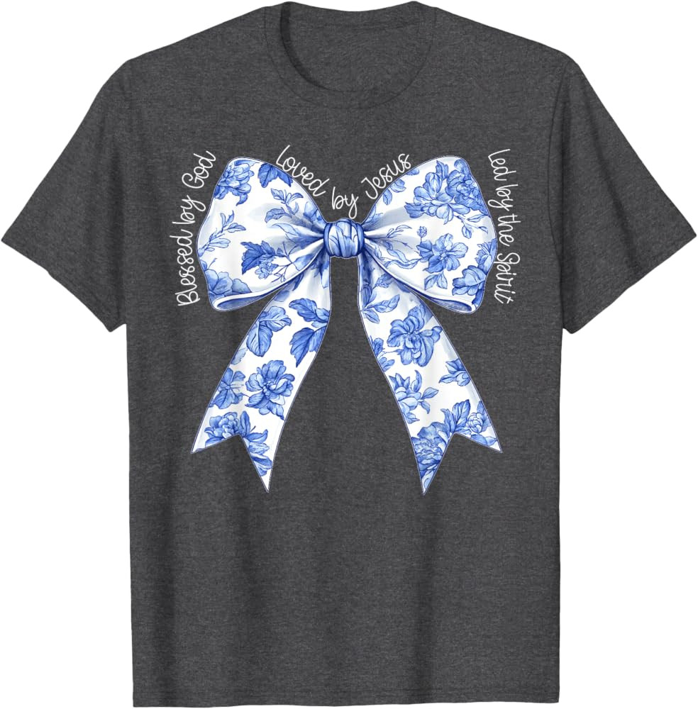 Blessed By God Loved By Jesus Blue Toile Coquette Bow T-Shirt | Amazon (US)