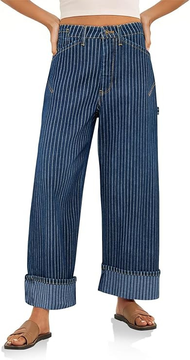 Cicy Bell Womens Striped Wide Leg Jeans Baggy Boyfriend High Waisted Cuffed Denim Pants with Pock... | Amazon (US)