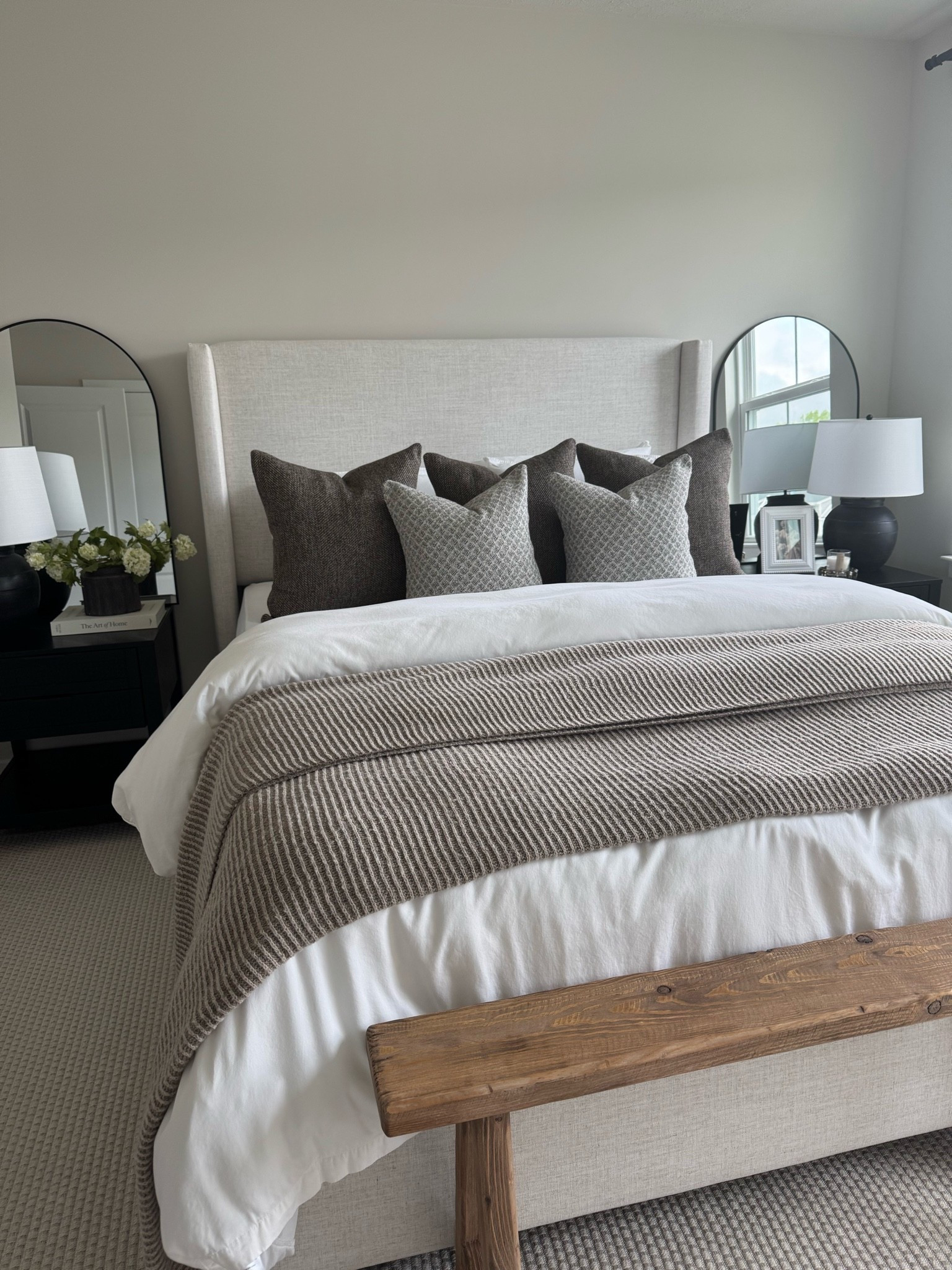 Upholstered bed, throw pillow cover, neutral pillow cover, thin bench, arch mirror, knit throw blanket

#LTKSaleAlert #LTKSeasonal #LTKHome