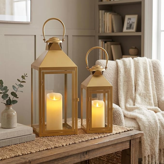JHY DESIGN Set of 2 Gold Decorative Candle Lanterns 17.5"&13.5" H Metal Hanging Candle Holders fo... | Amazon (US)