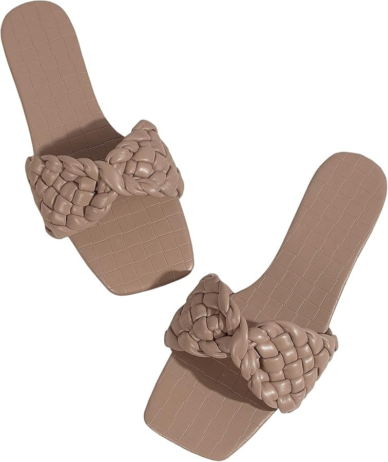 LAICIGO Women's Squared Open Toe Slide Sandals Braided Single Strap Leather Low Heel Flat Shoes | Amazon (US)