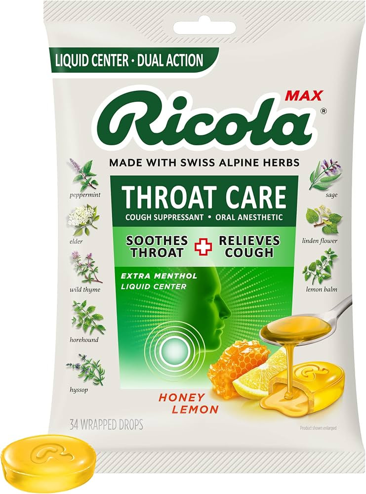 Ricola Max Honey Lemon Throat Care Large Bag | Cough Suppressant Drops | Dual Action Liquid Cente... | Amazon (US)