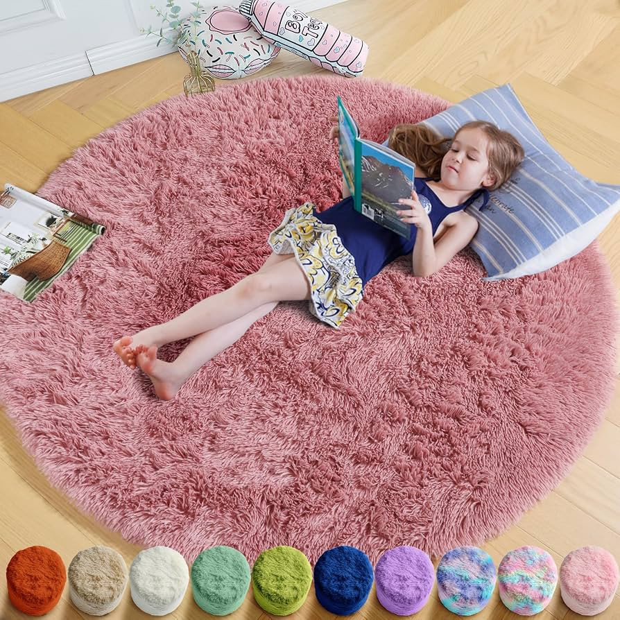 Amdrebio Blush Pink Fluffy Round Circle Rug 4Ft for Girls Bedroom Kids Room | Amazon (US)