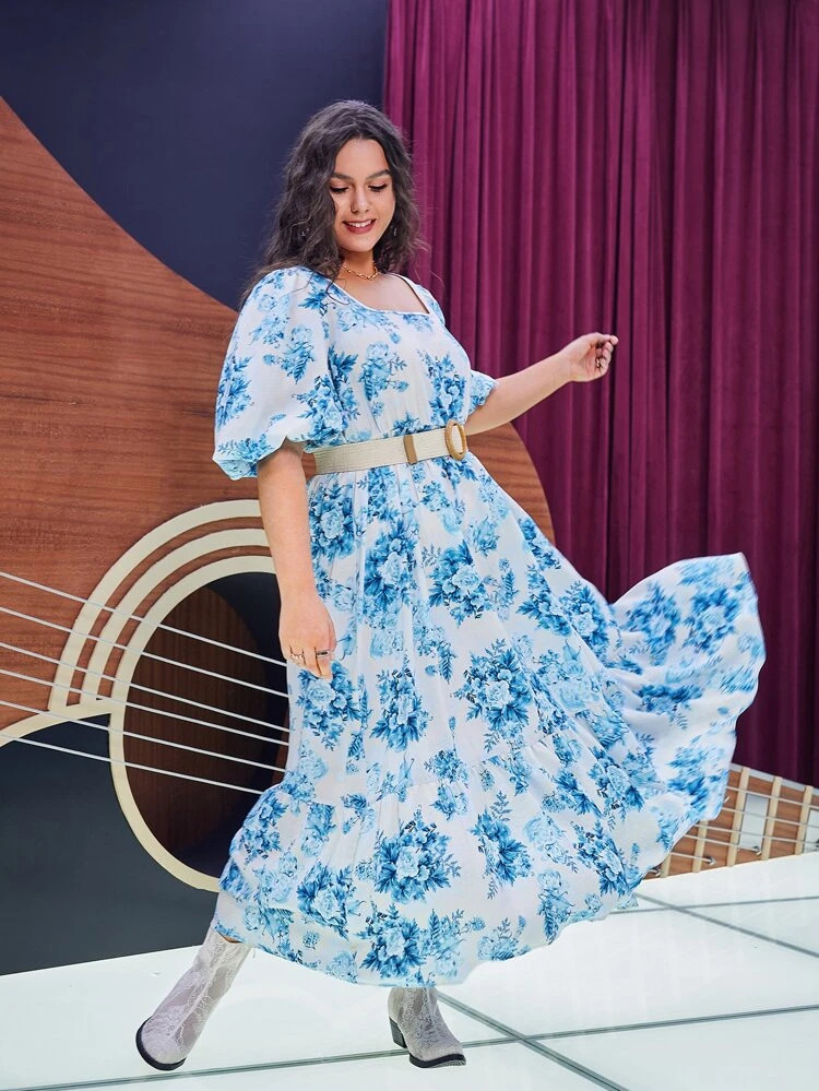 SHEIN Plus Floral Print Square Neck Lantern Sleeve Dress Without Belt | SHEIN