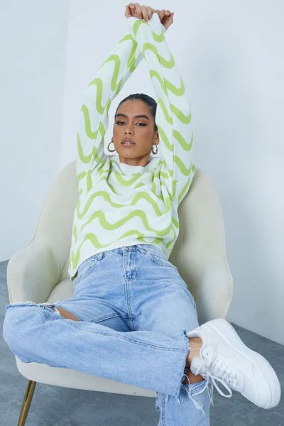 Lime Green Swirl Detail Knitted Cropped Jumper | ISAWITFIRST UK
