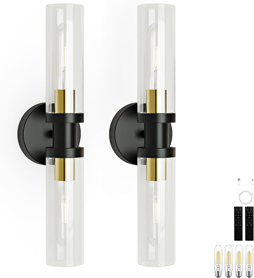 Wireless Wall Sconces with Remote Control, Battery Operated Wall Sconce Set of 2 with Timer, Blac... | Amazon (US)