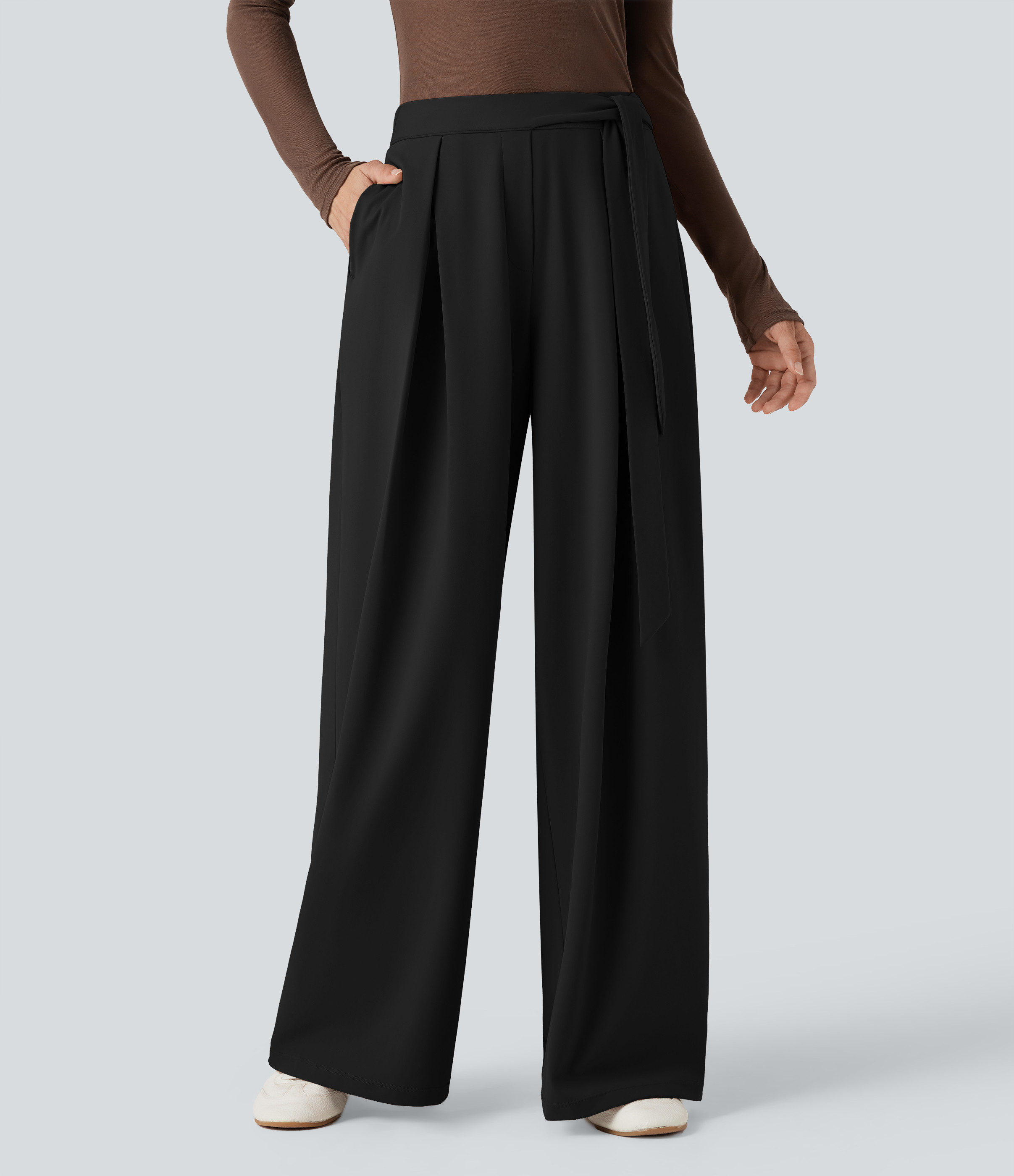 Halara High-waisted Tie Casual Baggy Pants with Pockets - Black - M(regular) | HALARA
