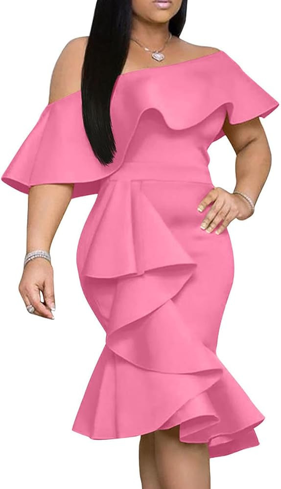 GOBLES Women's Elegant Off The Sholder Back Zipper Ruffles Bodycon Midi Cocktail Dress | Amazon (US)