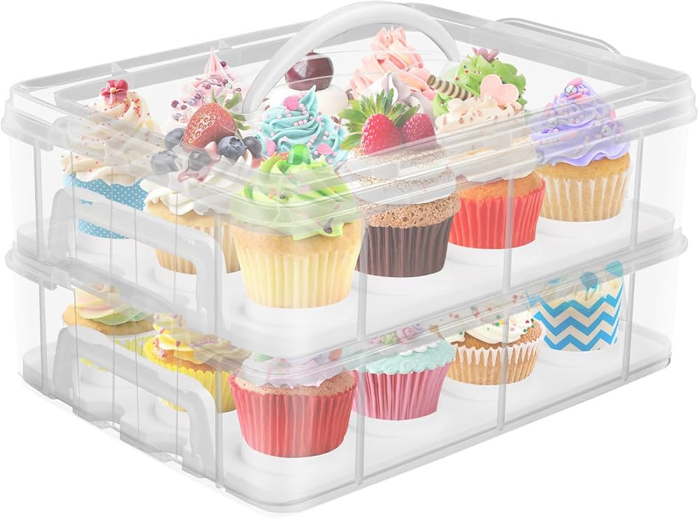 Cake Carrier with Lid, Two Tier Handle Cupcake Carrier, Stackable Cupcake Holder Container for 24... | Amazon (US)