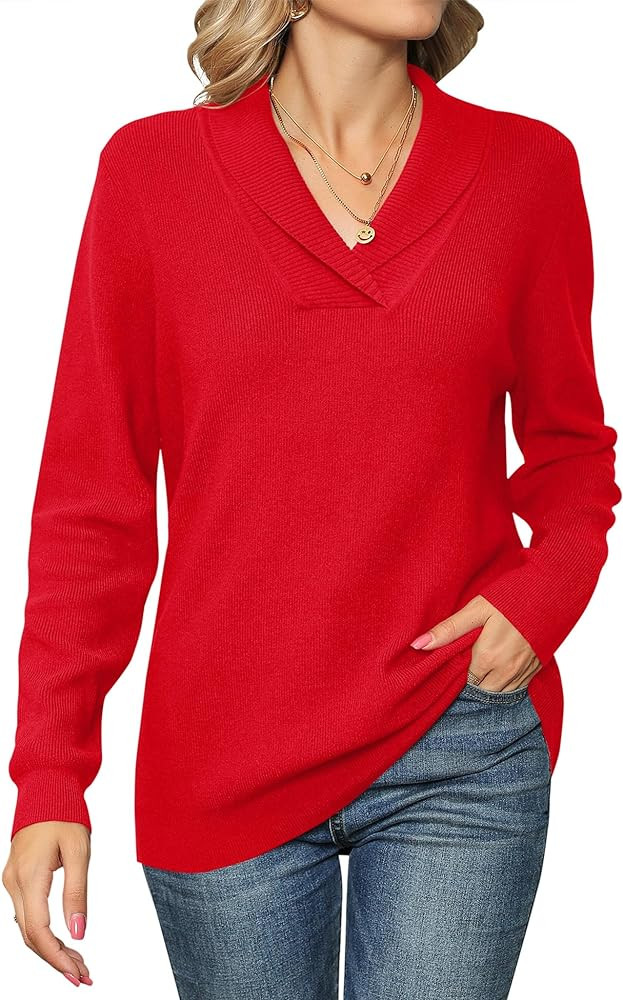 Ivicoer Women Long Sleeve V Neck Pullover Collar Knitted Sweaters | Amazon (US)