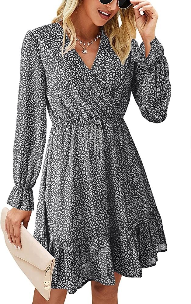 KIRUNDO Women’s Fall Dress Ruffle Long Sleeve Leopard Print V Neck High Waist A Line Short Flow... | Amazon (US)
